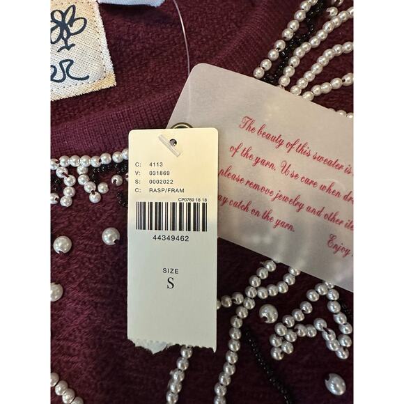 Anthropologie Field Flower Pearled Bow Beaded Sweater Maroon Wool Blend Size S - Picture 7 of 8